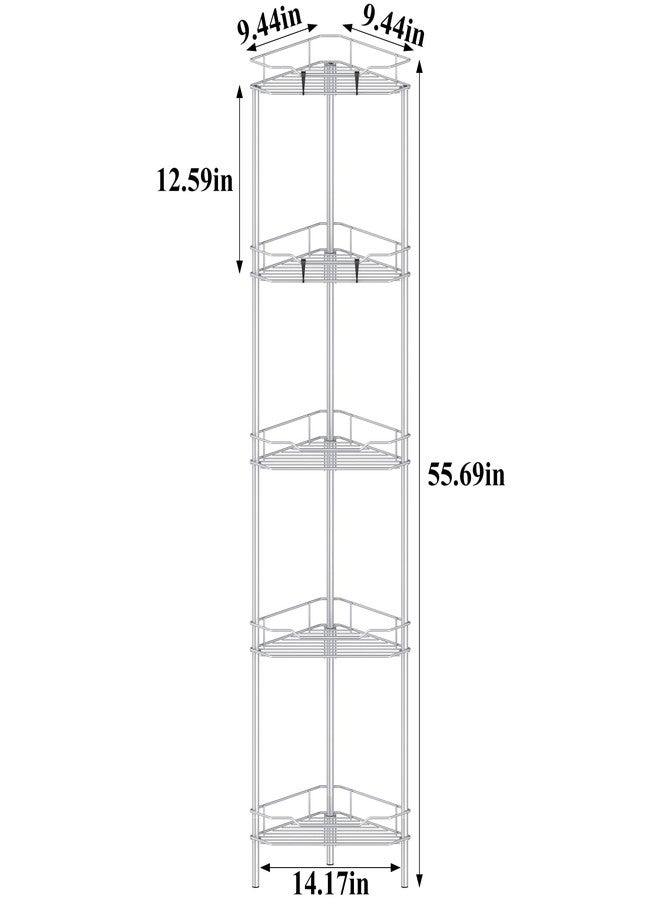 HuggieGems 5 Tier Floor Standing Corner Shower Caddy Organizer Shelf with Hooks, Bathroom Shelves Stand Rack, Silver - Image 4